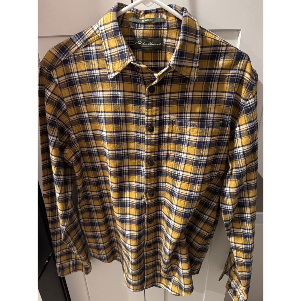 Eddie Bauer Mens Relaxed Fit Flannel Shirt‎ Plaid Yellow Navy Blue Size M
